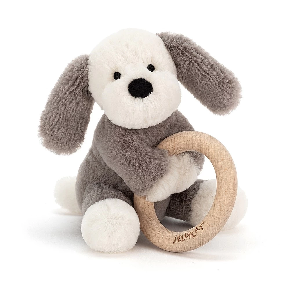 Jellycat Knuffel Rammelaar Hond Shooshu Puppy Wooden Ring Toy 3 Jellycat Knuffel Rammelaar Hond Shooshu Puppy Wooden Ring Toy
